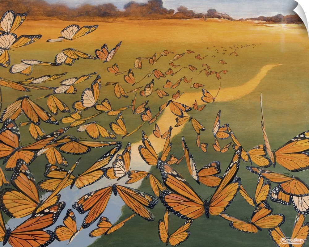 Contemporary painting of a flock of migrating monarch butterflies flying over a river at sunset.