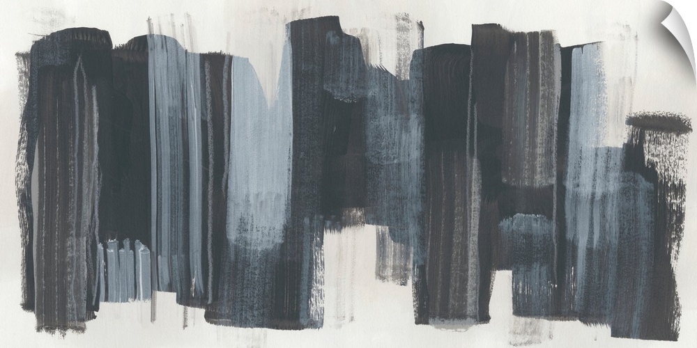 Horizontal abstract artwork in dark grey blocks on beige.