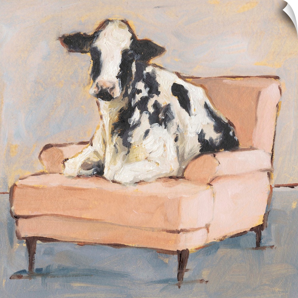A whimsical composition of a large black and white cow lying comfortably on a peach colored chaise. With it's gold accents...