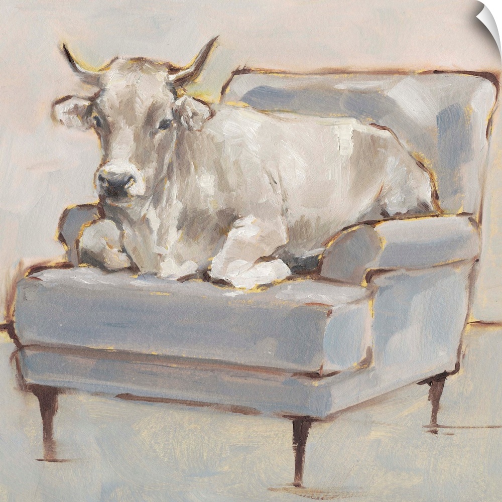 A whimsical composition of a large white cow lying comfortably on a luxe light blue chair. With it's gold accents, this im...