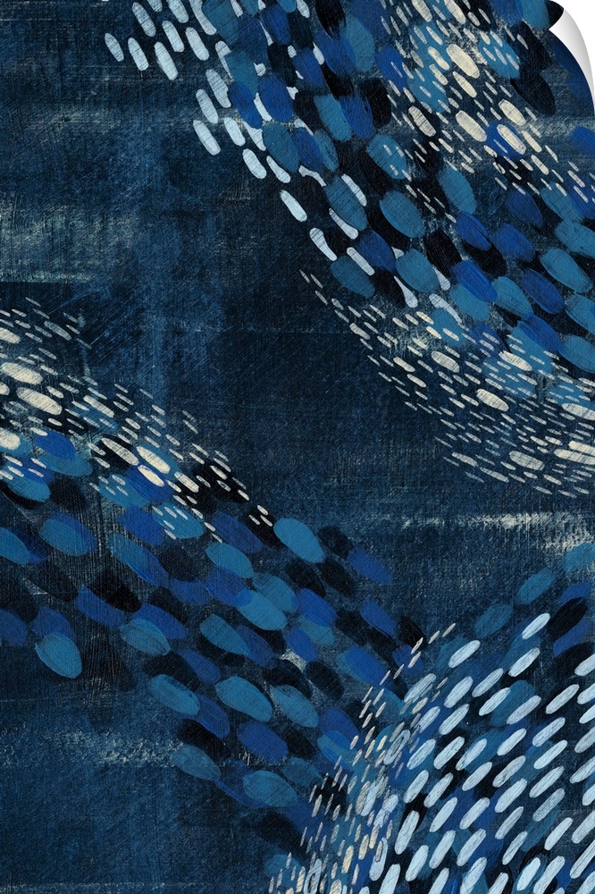 Contemporary abstract painting in shades of deep blue with curving patterns.