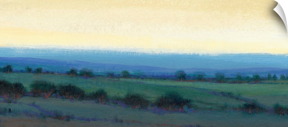 Contemporary landscape painting of a pasture dotted with trees and a yellow sky overhead.