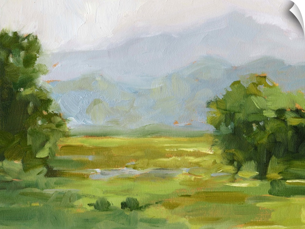 Contemporary landscape artwork of a verdant countryside with mountains in the distance.