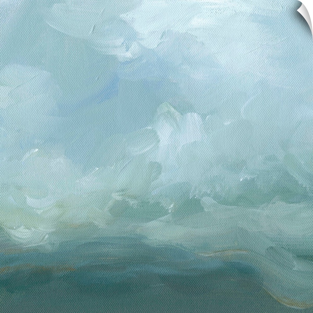 Contemporary abstract painting using swirling gray and pale blue tones resembling clouds.