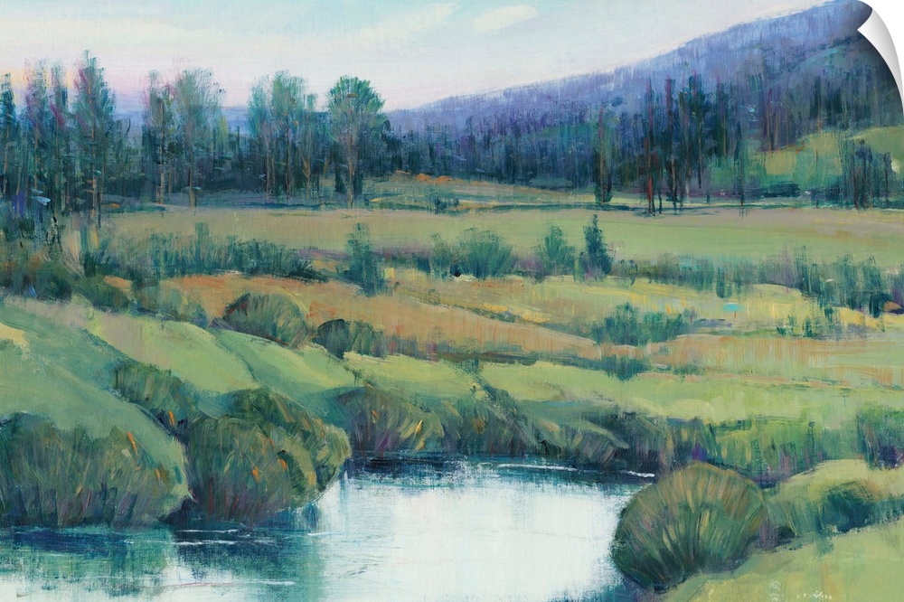 Landscape painting of a tree lined meadow with a mountain range in the distance.