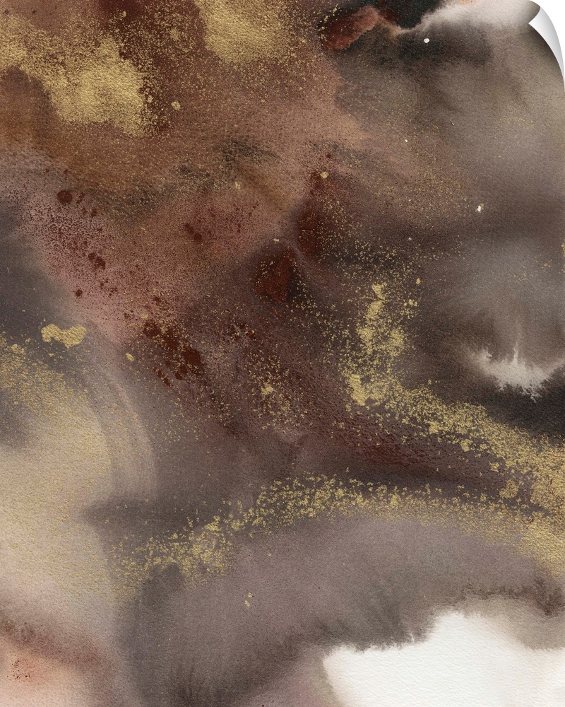 Large abstract painting created with shades of brown and metallic gold accents.