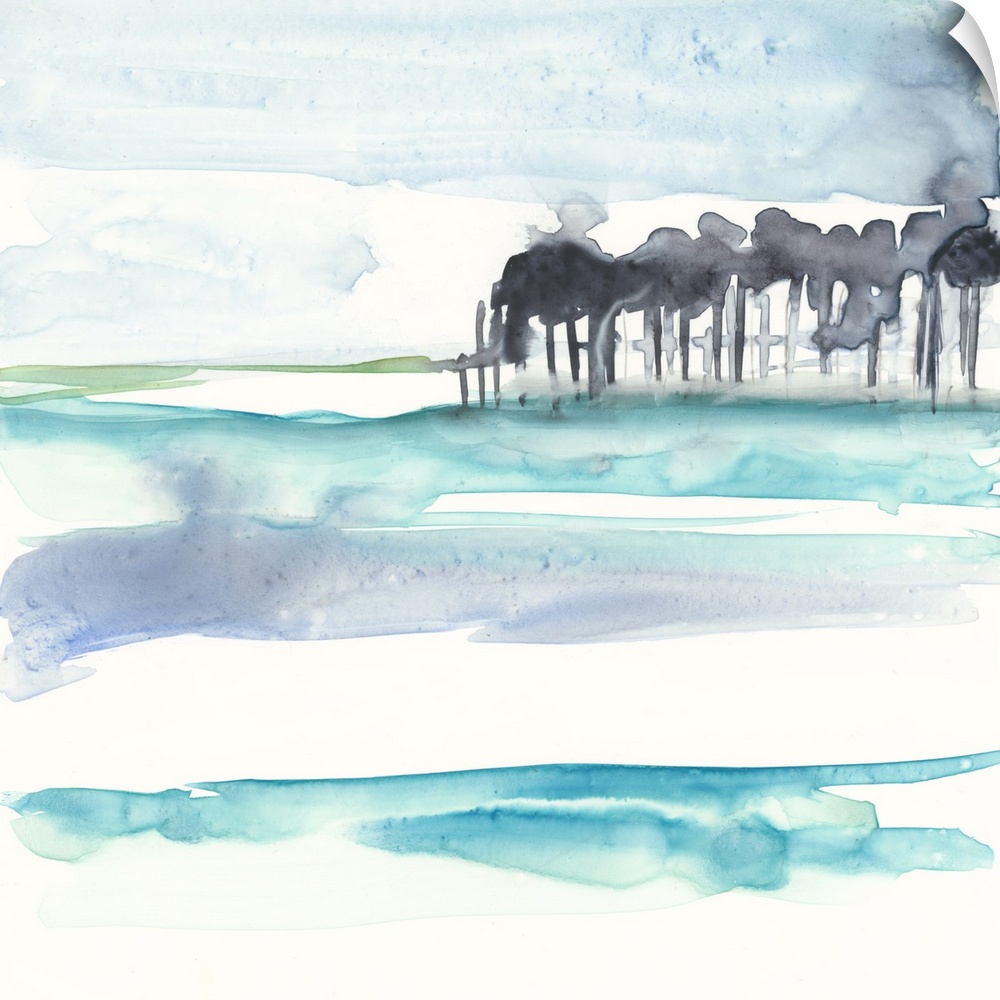 Abstract landscape watercolor painting in shades of blue and green with black trees in the distance on a square background.