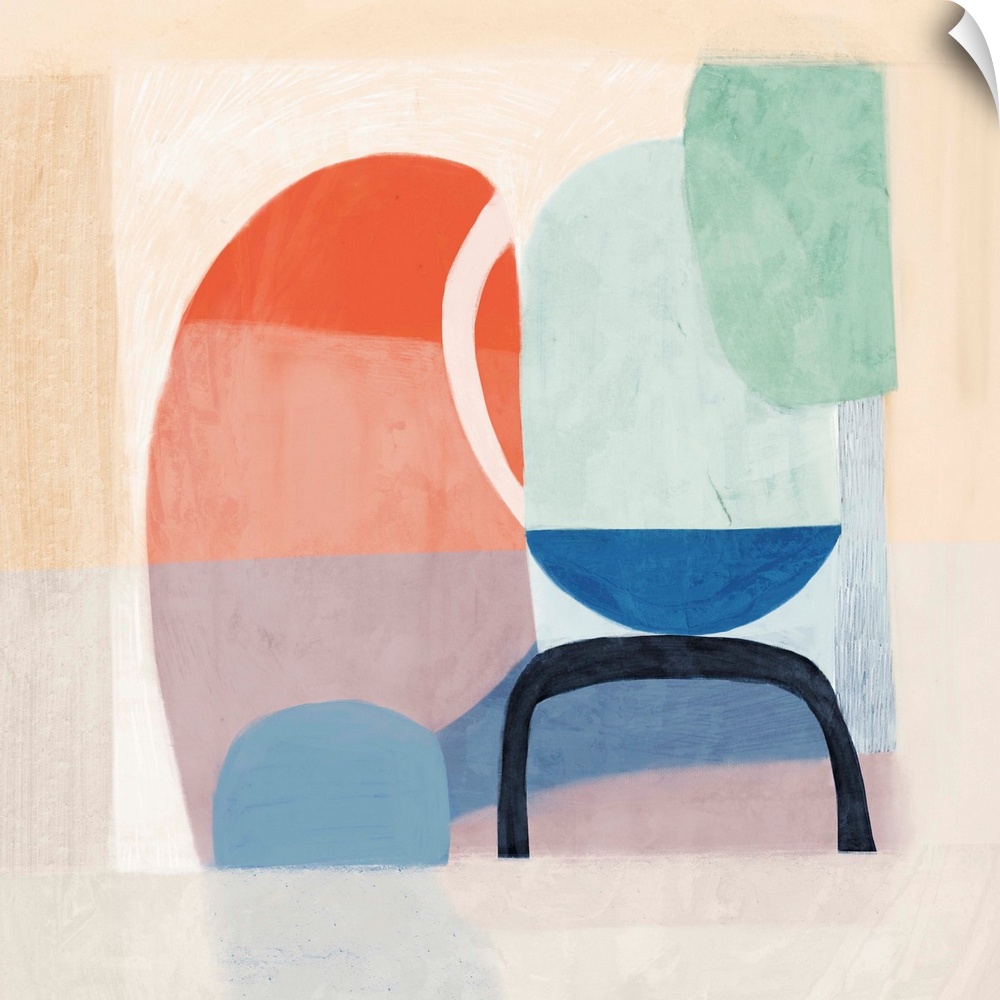 Contemporary artwork of mod shapes in pastel colors on a neutral background.