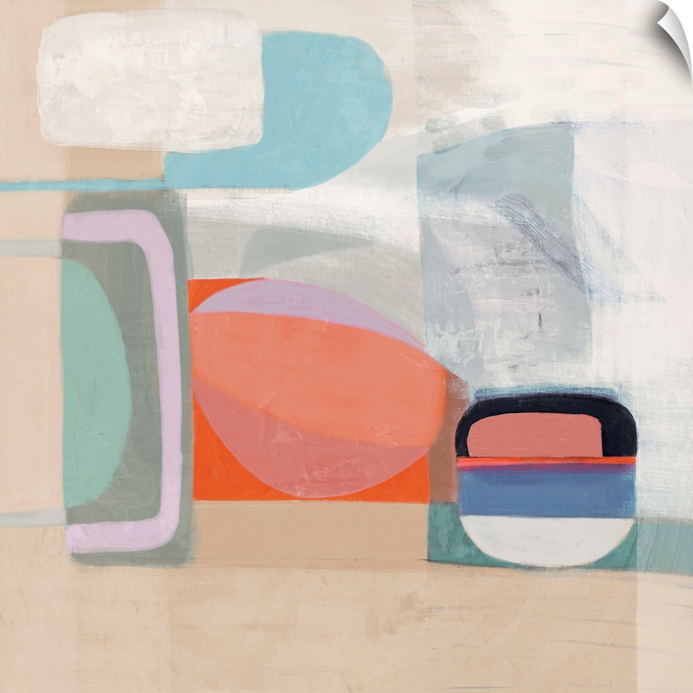 Contemporary artwork of mod shapes in pastel colors on a neutral background.