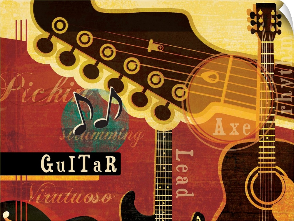 Creative artwork with a musical guitar theme with guitar details and musical terms.