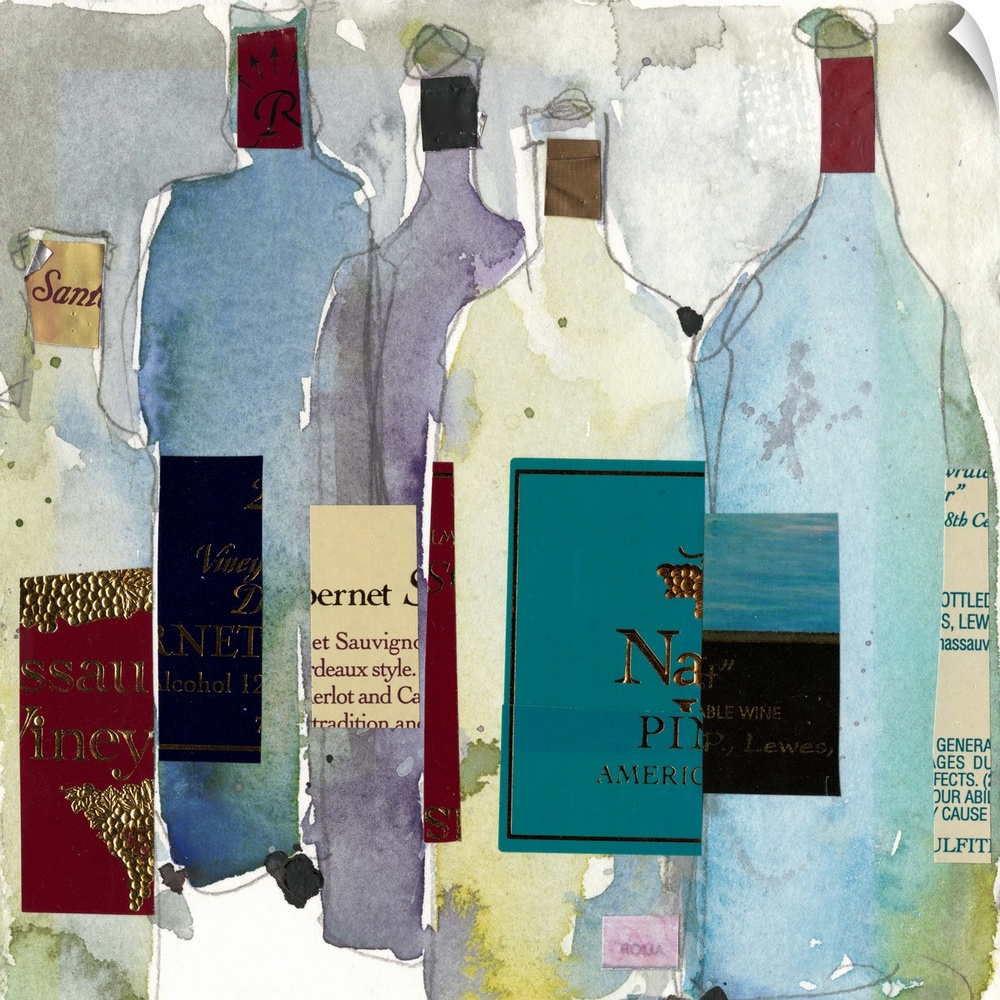 Watercolor painting of a collection of colorful wine bottles.