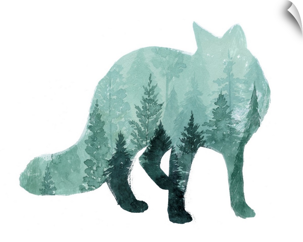 Silhouette of a fox with an image of a misty forest inside on white.