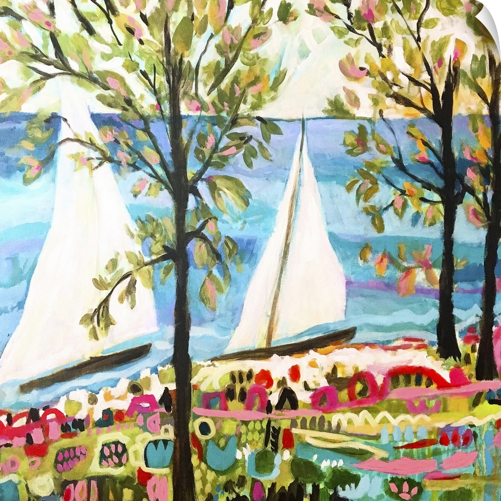 Contemporary artwork of two sailboats on the ocean, seen through the trees.