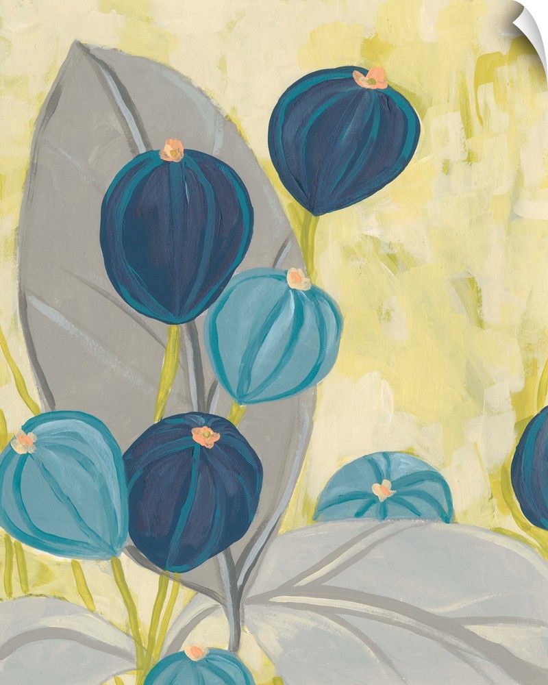 Contemporary floral painting in navy and gray on a citron yellow background.
