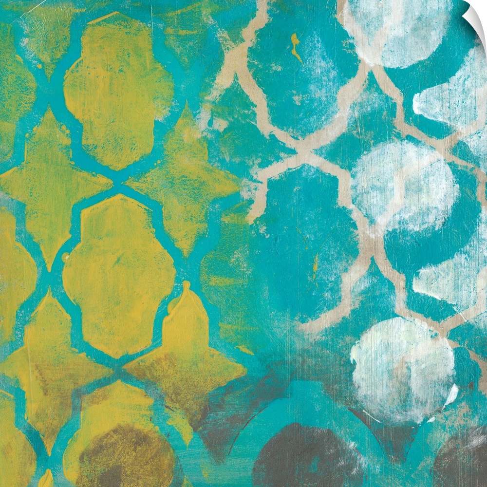 Contemporary abstract painting of two overlapping decorative filigree frameworks.