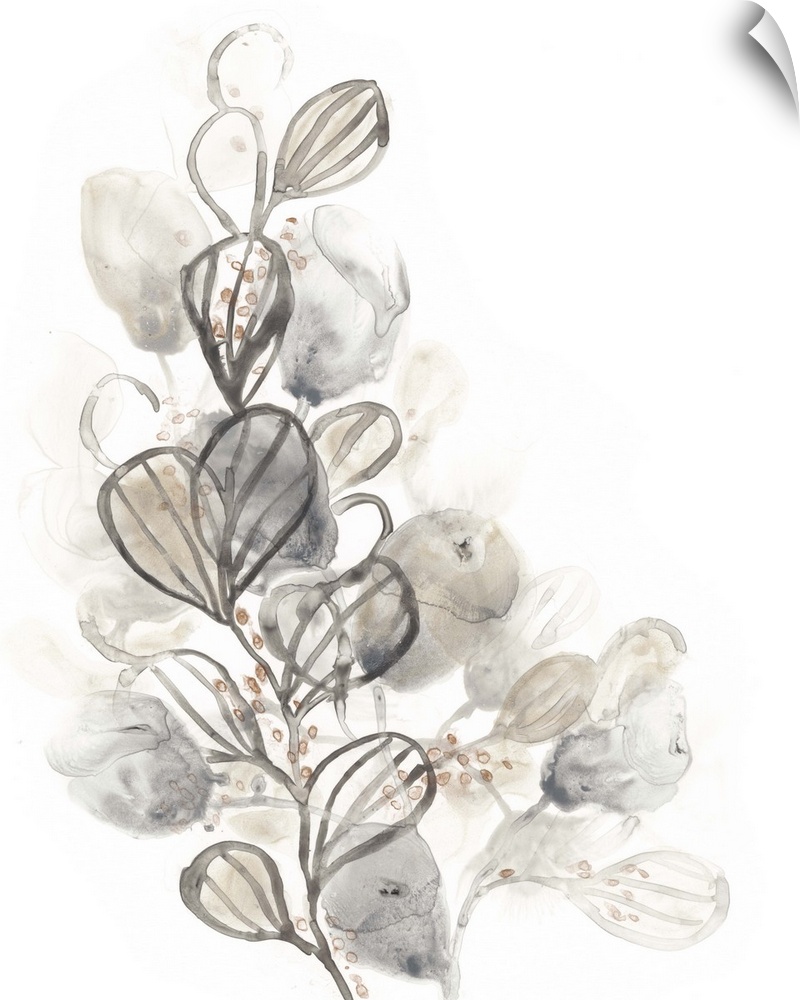 Watercolor painting of leaves in muted neutral colors on white.