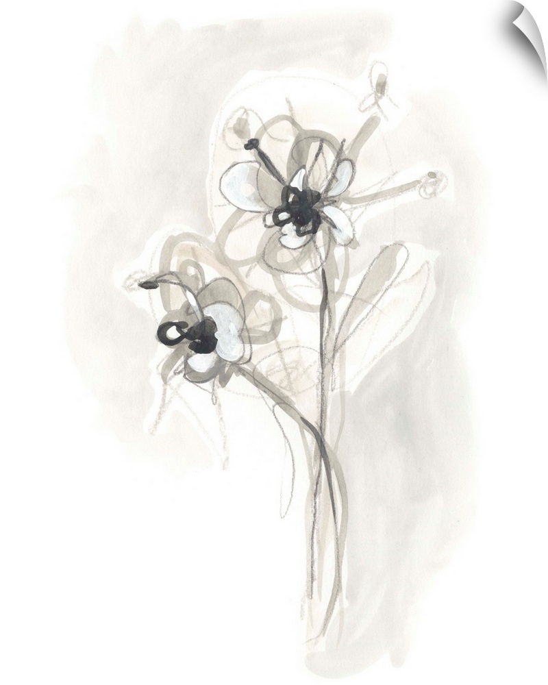 Circular brush strokes construct gestural flowers in neutral tones in this contemporary artwork.