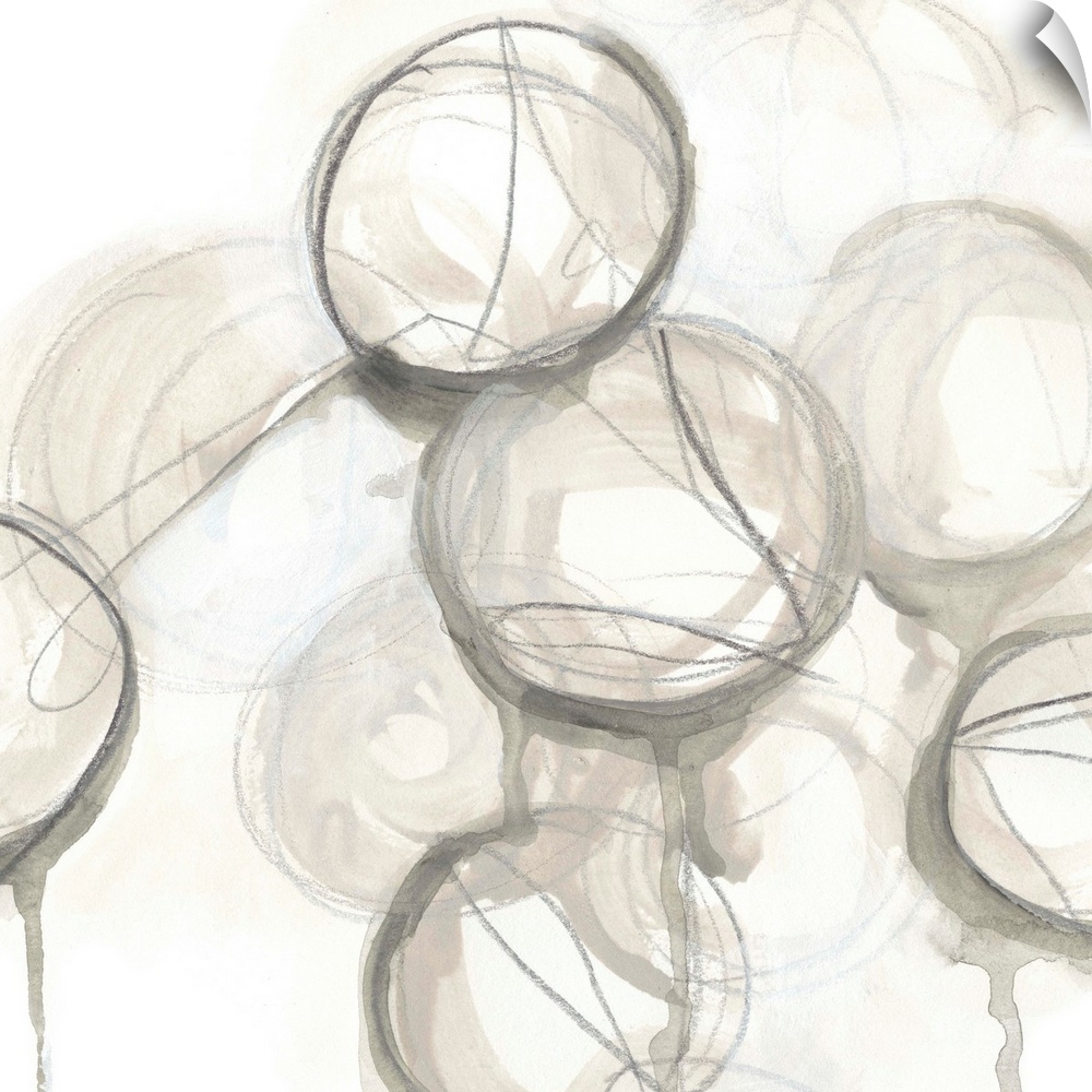 Contemporary watercolor abstract painting consisting of various circular shapes in neutral tones.