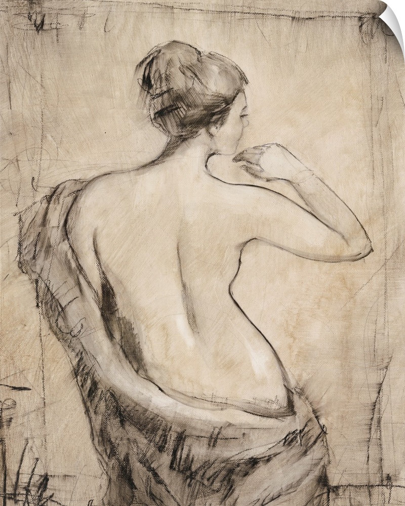 Figurative artwork of a nude female standing with a cloth draped around the back of her.