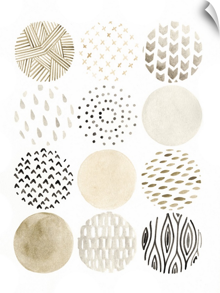 Twelve circles with different patterns in earth tones.