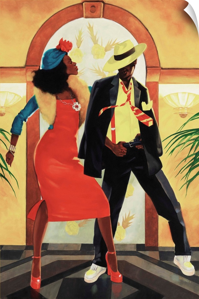 An African American couple in 20's style fashion dancing in an upscale club.