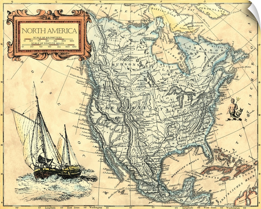 Big landscape artwork of a vintage map of North America with an illustration of a large ship in the lower corner.