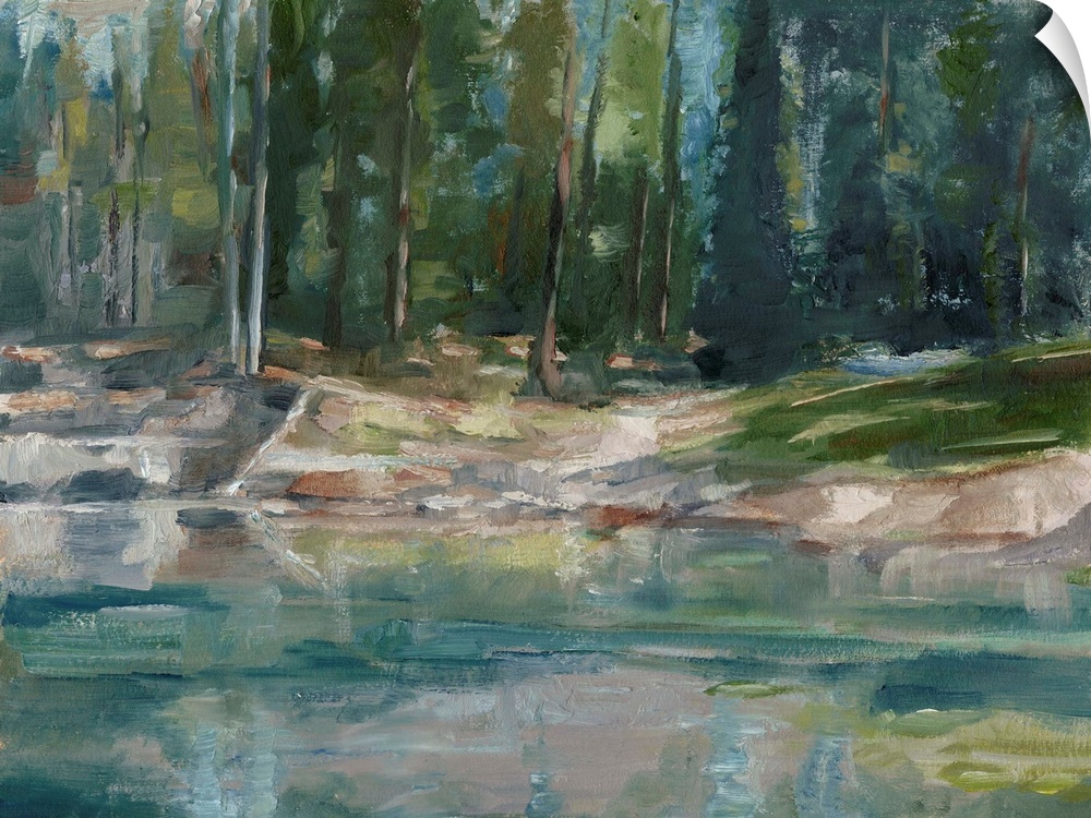 Contemporary abstract painting of a lake or pond in a clearing in a wooded area.