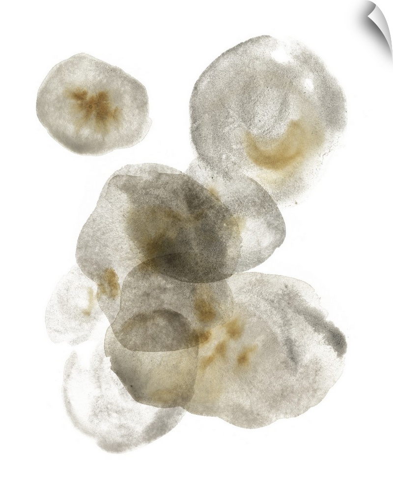 This abstract artwork features puddles of transparent gray color mottled with brown over a white background to illustrate ...