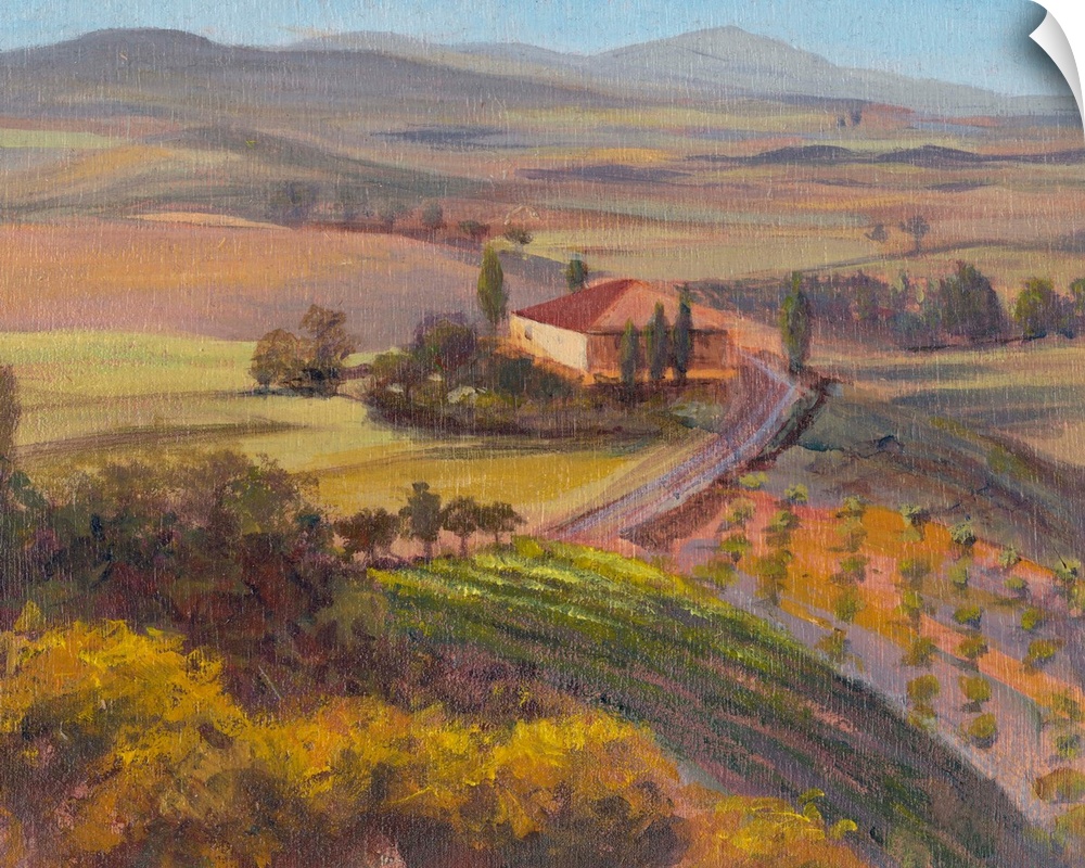A contemporary painting of a Tuscan landscape of rolling hills in warm muted tones.
