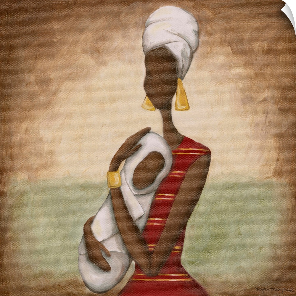 Painting of an African woman holding a child wrapped in blankets.