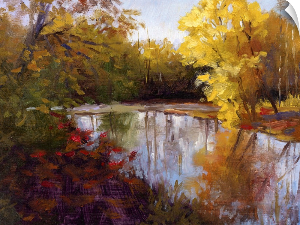 Contemporary painting of a river through a fall forest landscape.