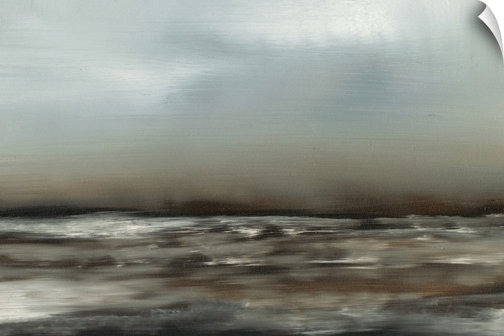 Contemporary oceanscape painting of dark seawater under a pale sky.