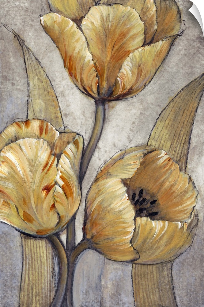 Lively brush strokes create warm golden tulips over a textured gray background.