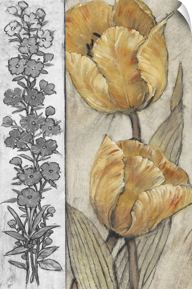 Lively brush strokes create warm golden tulips over a textured gray background with strip of gray flowers on the left side.