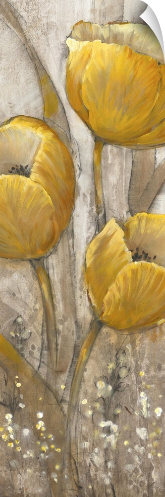 Contemporary painting of ochre yellow tulips against a neutral background.
