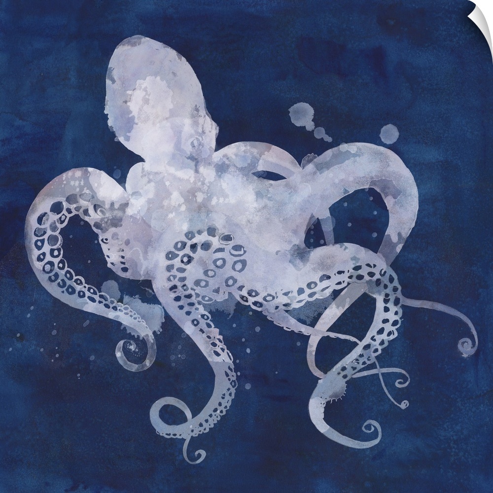 Watercolor silhouette of an octopus on a dark blue background.