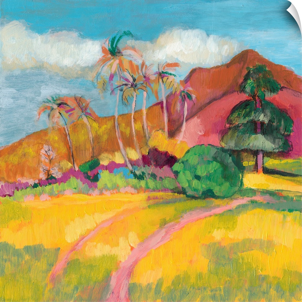 This contemporary landscape features short vertical brush strokes to create a bright tropical mountainous landscape.