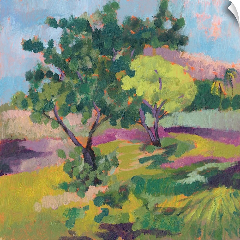 This contemporary landscape features short vertical brush strokes to create a bright wilderness landscape.