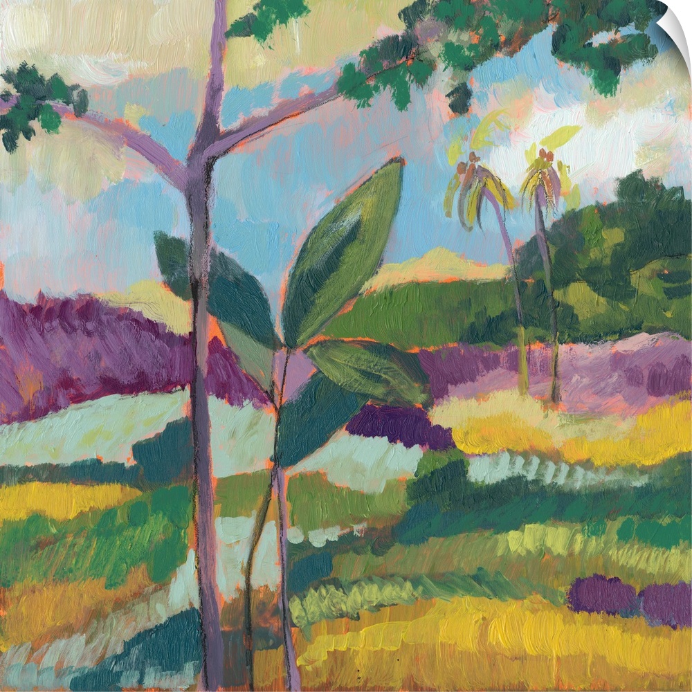 This contemporary landscape features short vertical brush strokes to create a bright wilderness landscape.