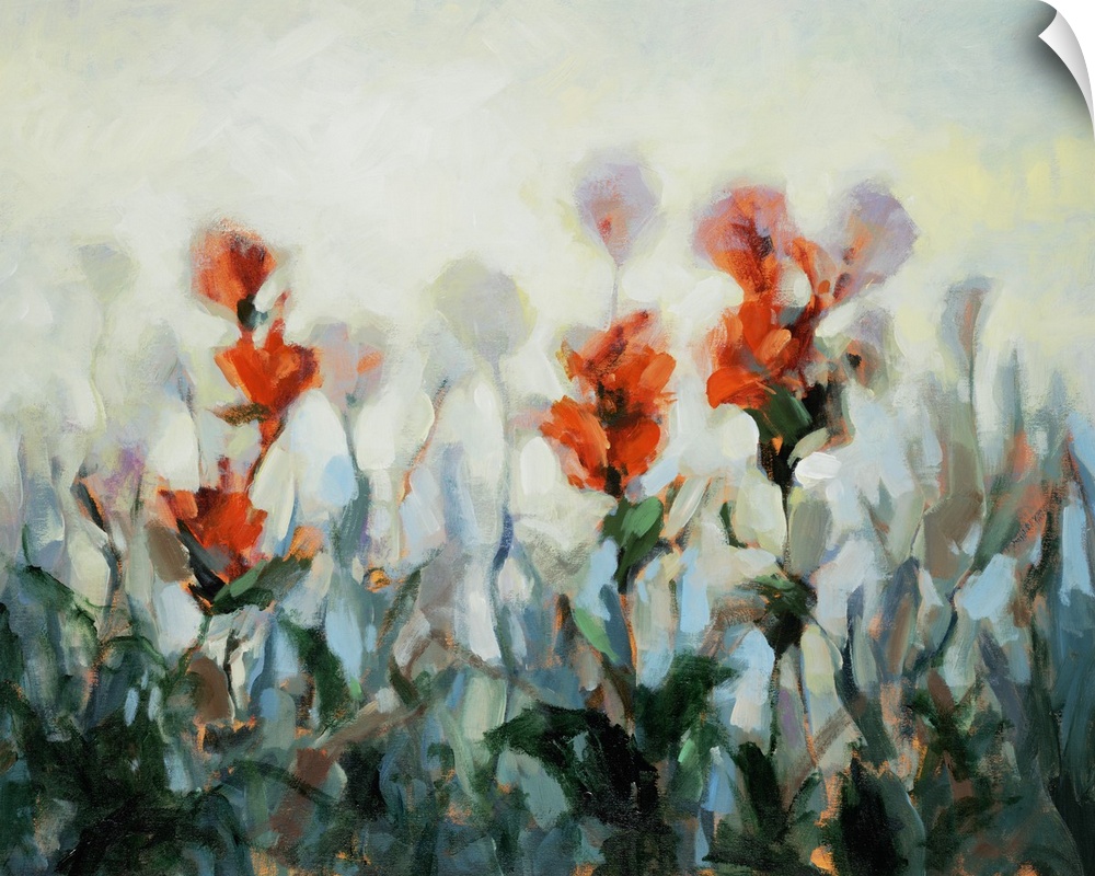 Impressionist style artwork of bright red wildflowers.