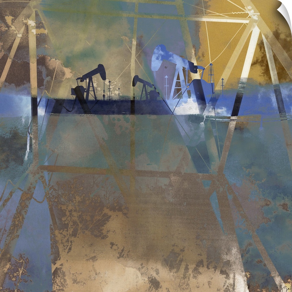 Abstract artwork of oil rigs against a multi-layered and colored surrounding.