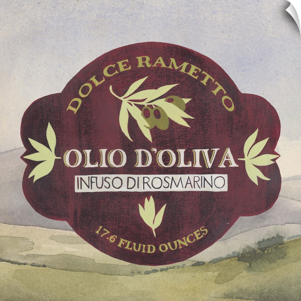 Painting of a classic olive oil label with a Tuscan landscape.