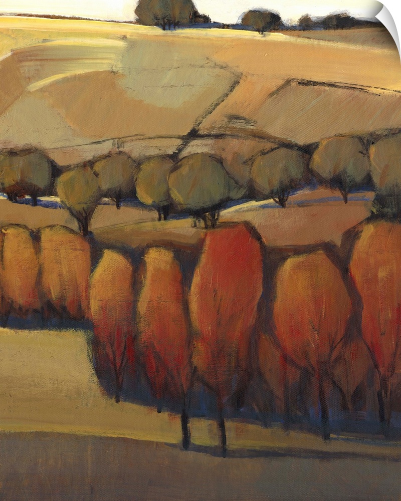 Contemporary painting in warm tones of a rural landscape in autumn.