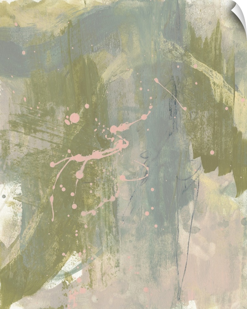 Contemporary abstract in olive green, blush, and blue.