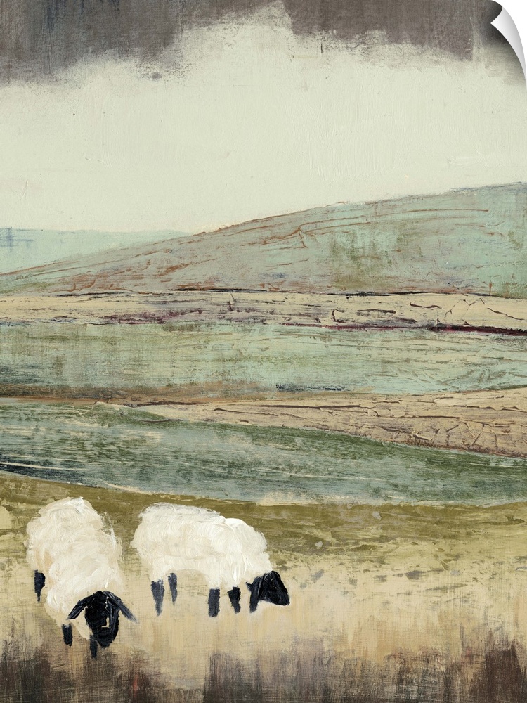 Painting of two sheep in a field under a sky of dark clouds.
