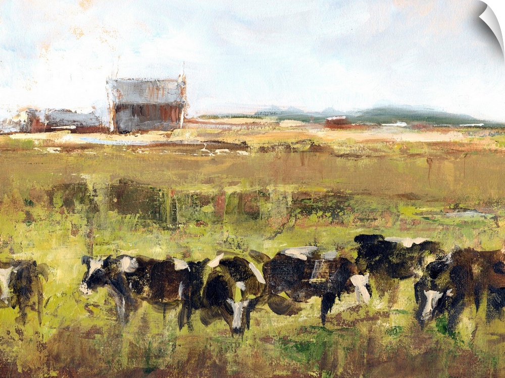 Contemporary artwork of a herd of cattle grazing in a field near a barn.