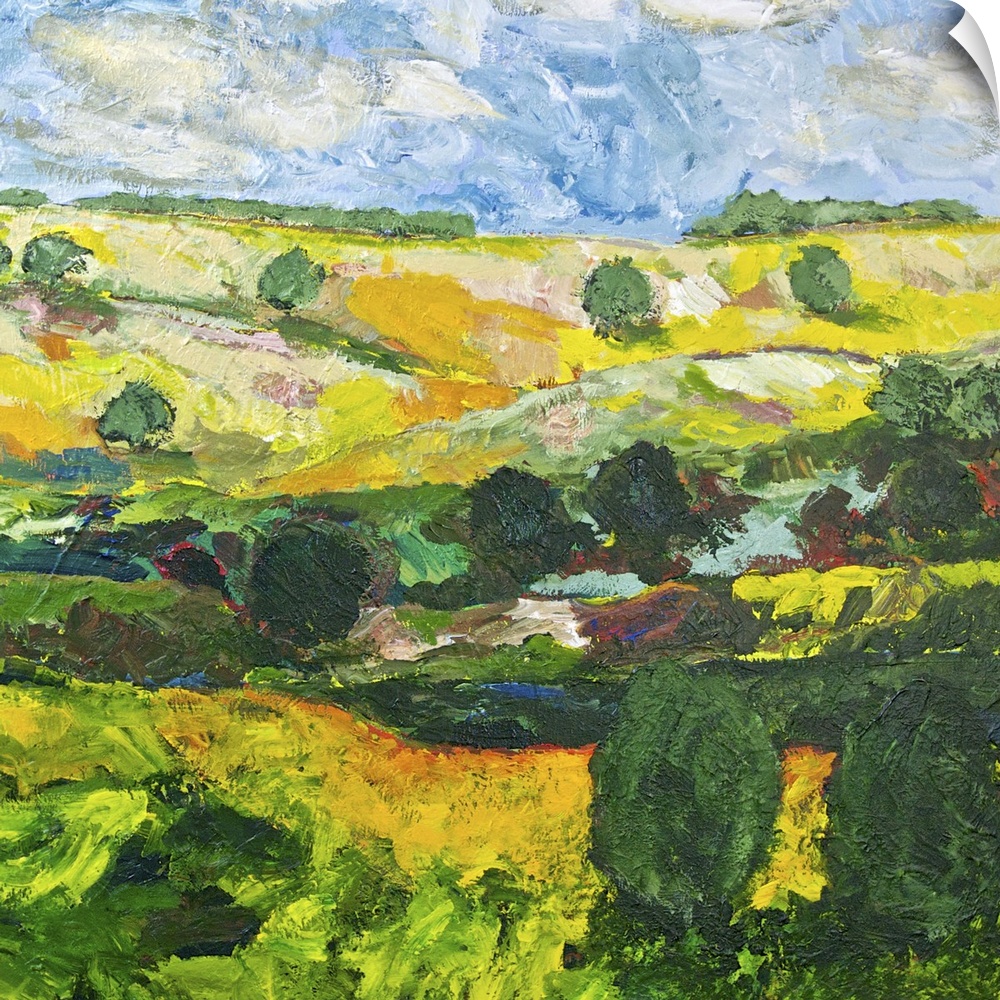 Contemporary painting of a country landscape with trees along the edges of the rolling hills.