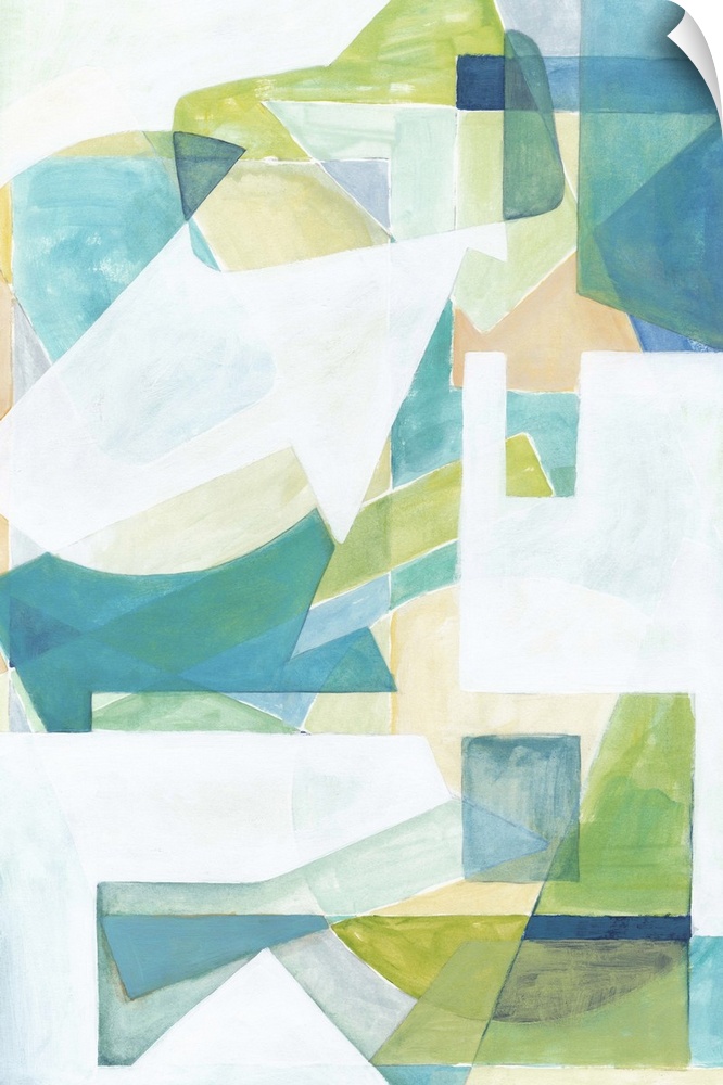 Contemporary abstract in cool colors made of bold shapes.
