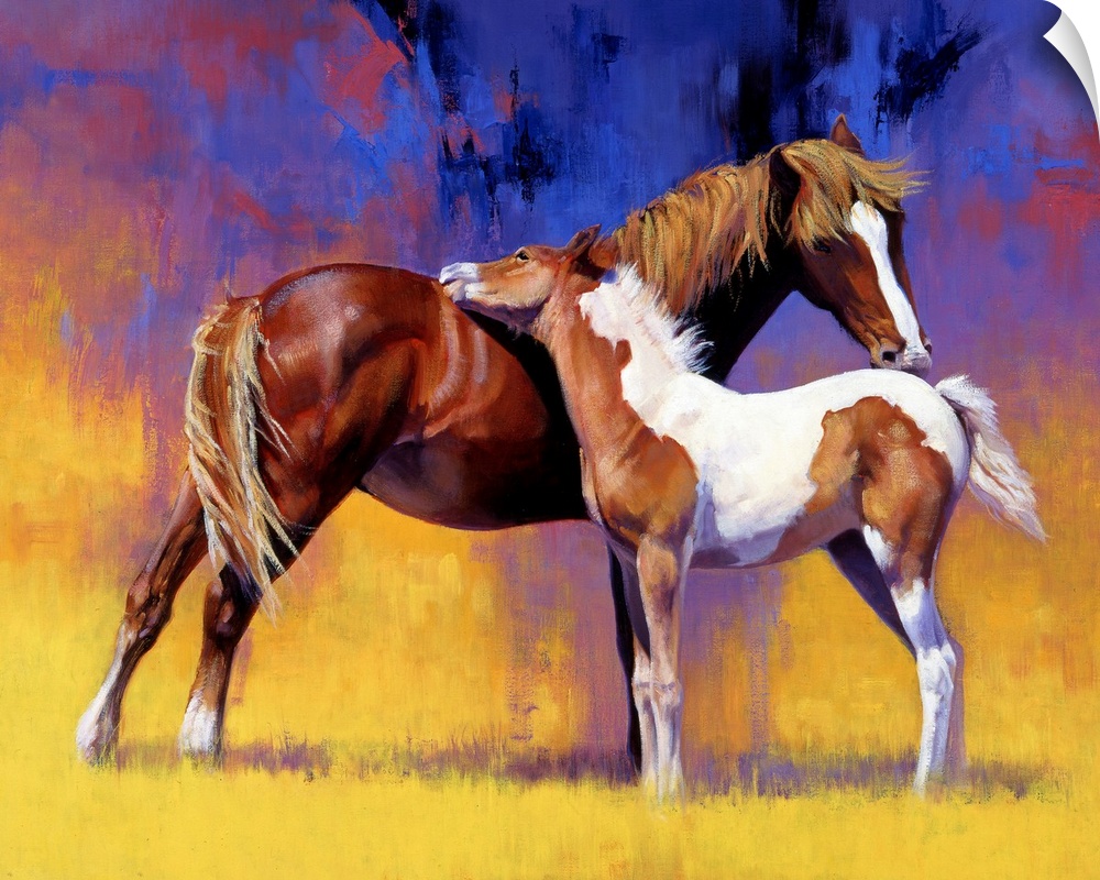 Big painting on canvas of a baby horse cuddling with an adult horse.