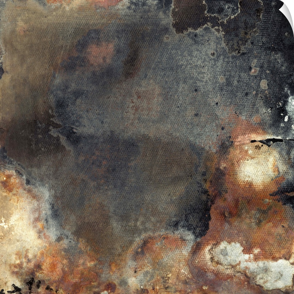 Contemporary abstract painting using dark smokey colors and rough geological looking textures.